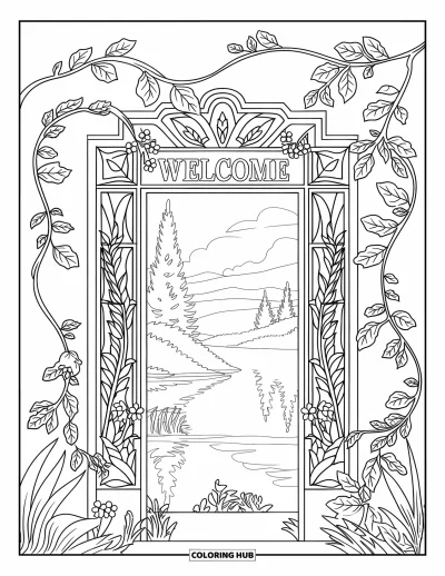 Coloriage de bienvenue pour adultes : Des lianes et des fleurs entourent une porte sculptée avec « WELCOME » au-dessus
