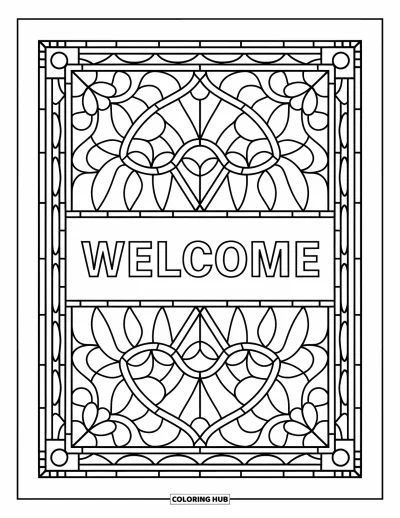 Coloriage de bienvenue pour adultes : « WELCOME » rayonne dans un cadre en vitrail de feuilles et de formes variées