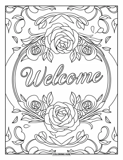 Coloriage de bienvenue pour adultes : « WELCOME » en lettres cursives repose entre des roses, des feuilles et des lianes tourbillonnantes