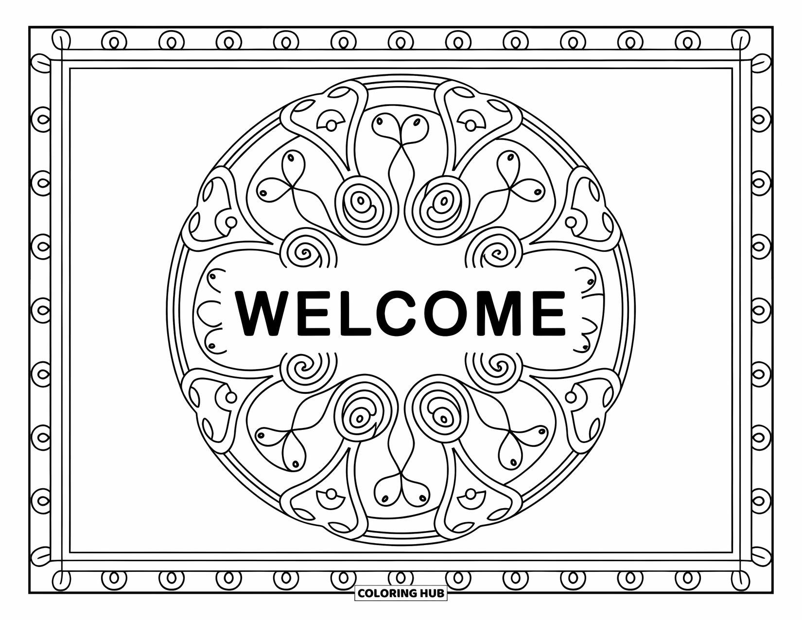 Welcome Coloring Page for Adults: "WELCOME" rests at the center of a lacy mandala filled with swirls