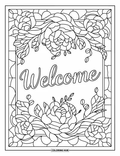 Coloriage de bienvenue pour adultes : « WELCOME » brille au cœur de roses en vitrail et de motifs feuillus