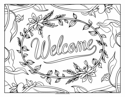 Coloriage de bienvenue pour adultes : « WELCOME » niché dans un ovale de lianes et de fleurs délicates