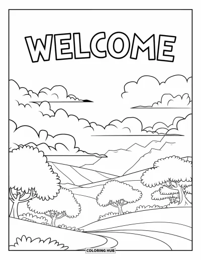 Coloriage de bienvenue pour enfants : Un grand « WELCOME » flotte au-dessus de collines, d'arbres et d'un chemin