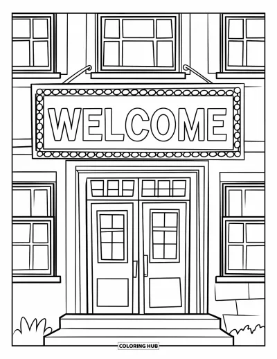 Coloriage de bienvenue pour enfants : Une entrée d'école lumineuse affiche un panneau « WELCOME »