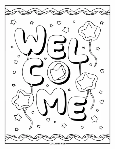 Coloriage de bienvenue pour enfants : Un titre « WELCOME » arrondi encadré d'étoiles et de rubans
