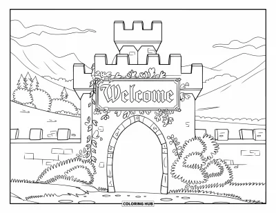 Coloriage de bienvenue pour enfants : Une arche de château avec « WELCOME » encadrée de feuilles et de pierres