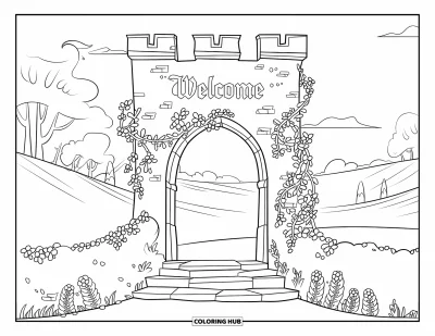 Coloriage de bienvenue pour enfants : Un portail de château avec « WELCOME » entouré de lianes et de collines