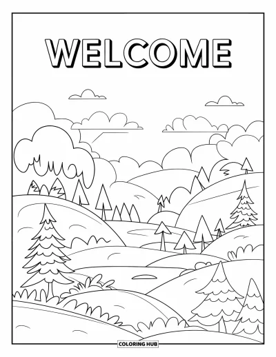 Coloriage de bienvenue pour enfants : Un joyeux « WELCOME » au-dessus d'un paysage d'arbres, de collines et de nuages