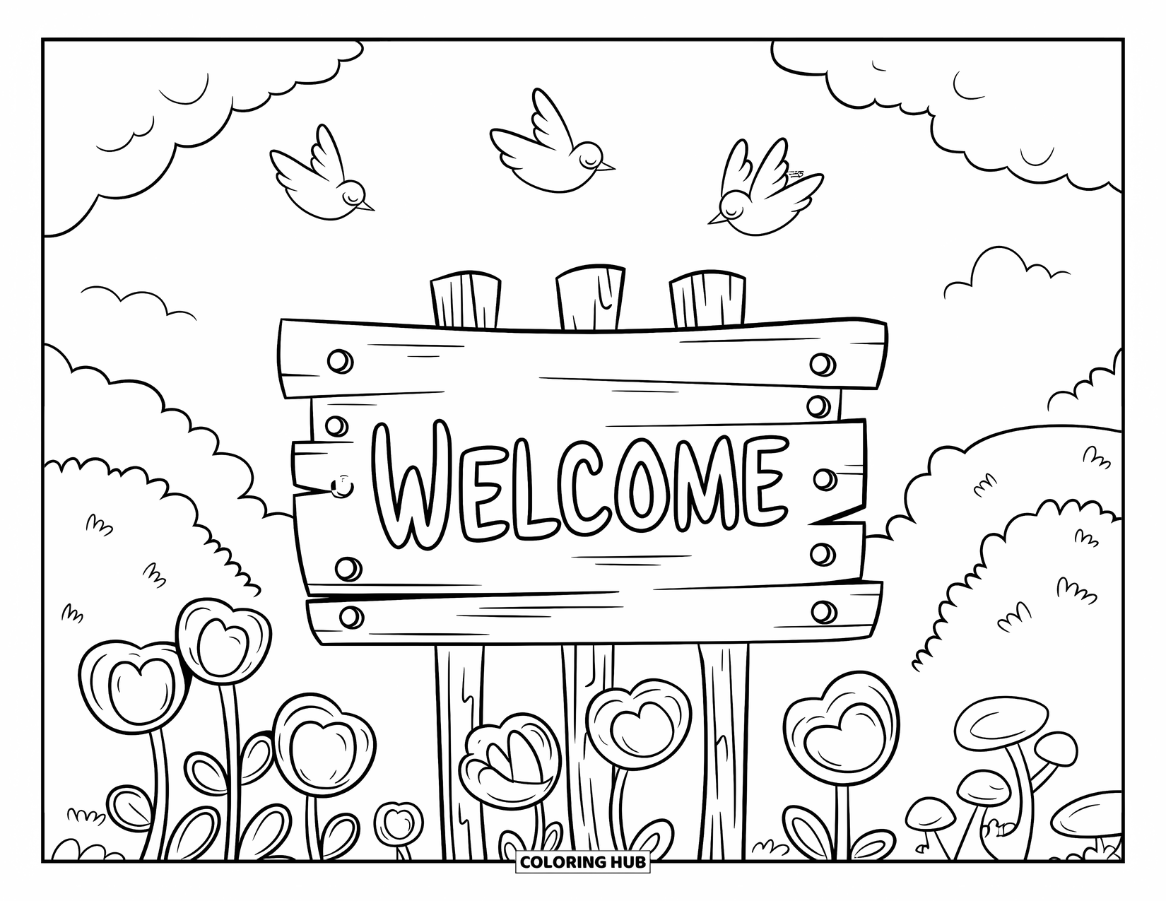 Welcome Coloring Page for Kids: A cheerful wooden "WELCOME" sign sits in a garden with puffy clouds above
