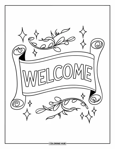 Coloriage de bienvenue pour enfants : Un parchemin enroulé portant « WELCOME » entouré de paillettes et de lianes