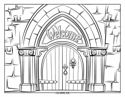 Coloriage de bienvenue pour enfants : Une arche de château détaillée avec « WELCOME » gravé au-dessus de portes en bois