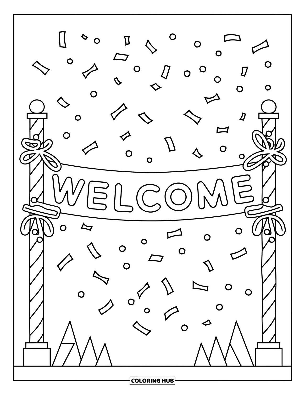 Welcome Coloring Page for Kids: A festive "WELCOME" banner hangs from poles with confetti below
