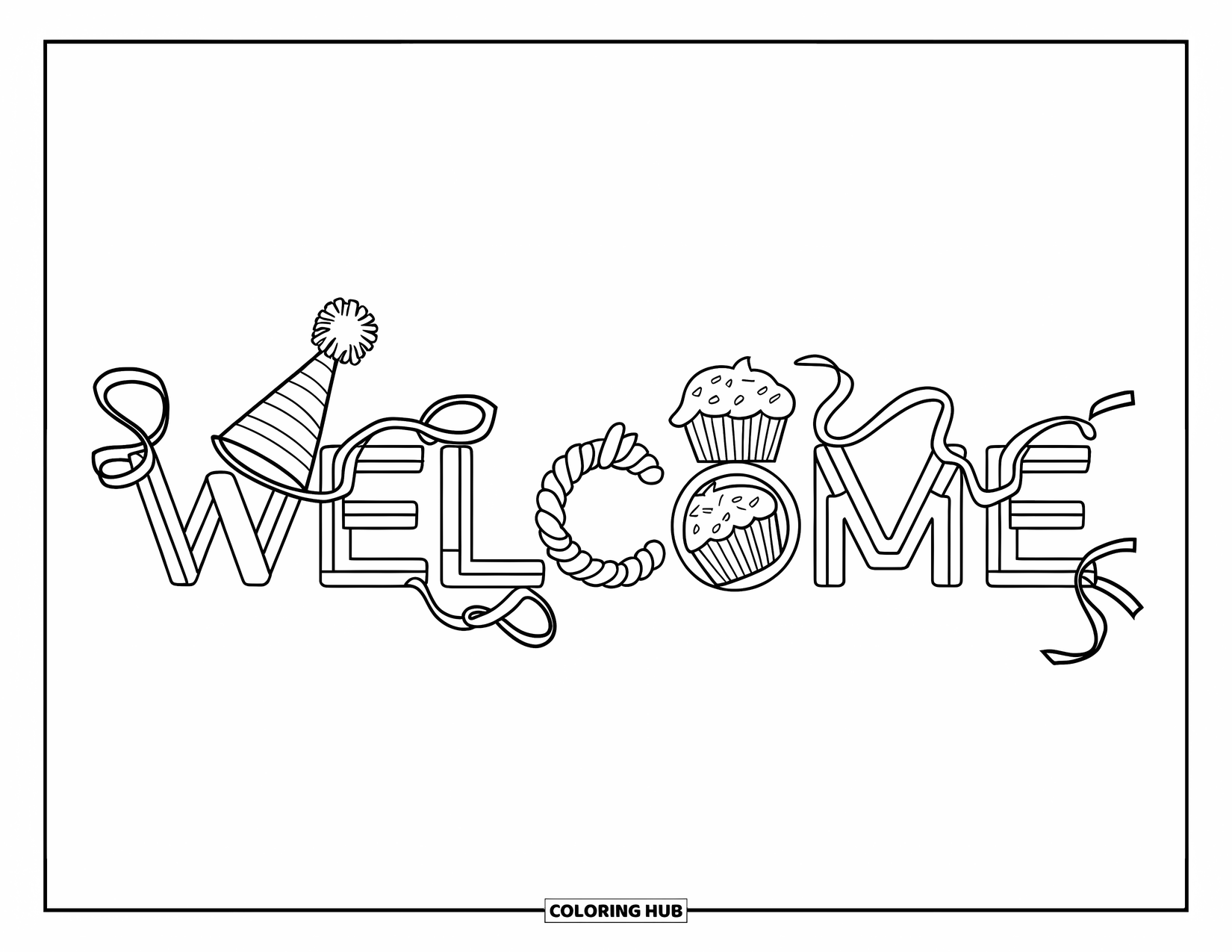 Welcome Coloring Page for Kids: A festive "WELCOME" banner with hats, cupcakes, and ribbons