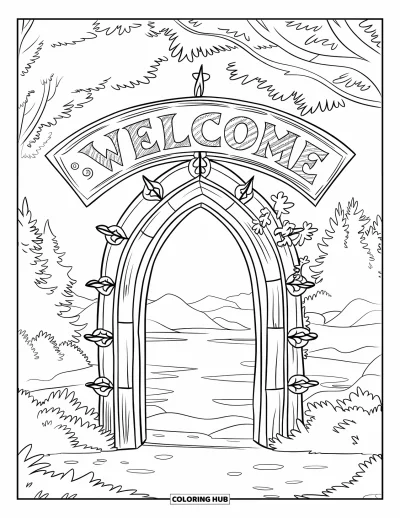 Coloriage de bienvenue pour enfants : Une porte gothique en arche porte un « WELCOME » ornemental au-dessus de la pierre sculptée