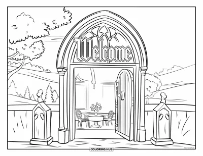 Coloriage de bienvenue pour enfants : Une entrée gothique avec « WELCOME » s'ouvrant sur un jardin paisible