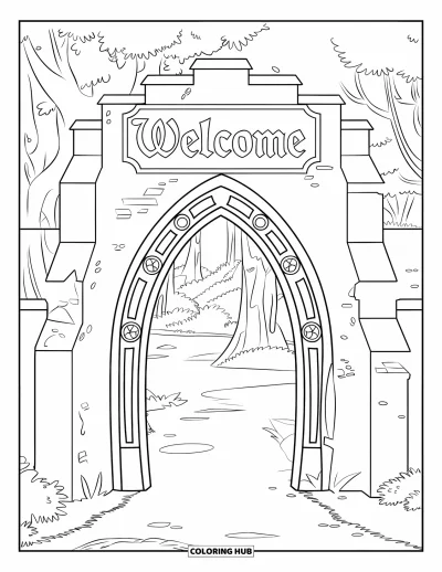 Coloriage de bienvenue pour enfants : Une grande porte avec « WELCOME » gravé au-dessus et des arbres au loin