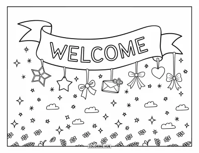 Coloriage de bienvenue pour enfants : Un grand ruban avec « WELCOME » d'où pendent de petites étoiles, des cœurs et des nuages