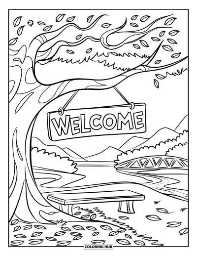 Coloriage de bienvenue pour enfants : Un arbre feuillu tient un panneau « WELCOME » avec un banc en dessous