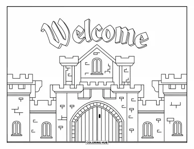 Coloriage de bienvenue pour enfants : Une arche de château médiéval avec « WELCOME » et de hautes tours
