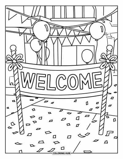 Coloriage de bienvenue pour enfants : Une banderole de fête « WELCOME » tenue par des poteaux entourés de ballons