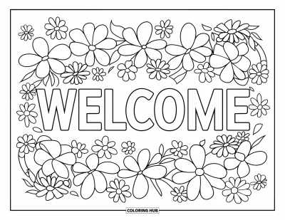 Coloriage de bienvenue pour enfants : Un joyeux « WELCOME » floral avec de grandes formes bien visibles à colorier