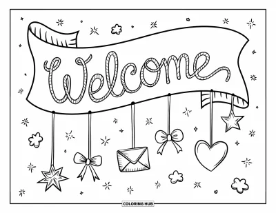 Coloriage de bienvenue pour enfants : Un ruban avec « WELCOME » surplombant des gribouillages d'étoiles, de nœuds et de cœurs