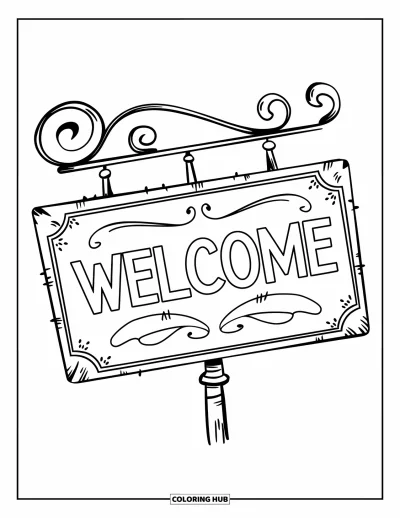 Coloriage de bienvenue pour enfants : Un panneau « WELCOME » rustique en bois vieilli orné de délicates arabesques