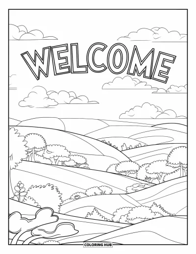 Coloriage de bienvenue pour enfants : Un paysage pittoresque avec « WELCOME », des nuages duveteux et de doux arbres