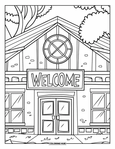Coloriage de bienvenue pour enfants : Un bâtiment scolaire affiche « WELCOME » au-dessus de sa grande entrée