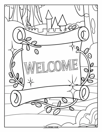 Coloriage de bienvenue pour enfants : Un parchemin marqué « WELCOME » posé près d'un château et d'arbres feuillus