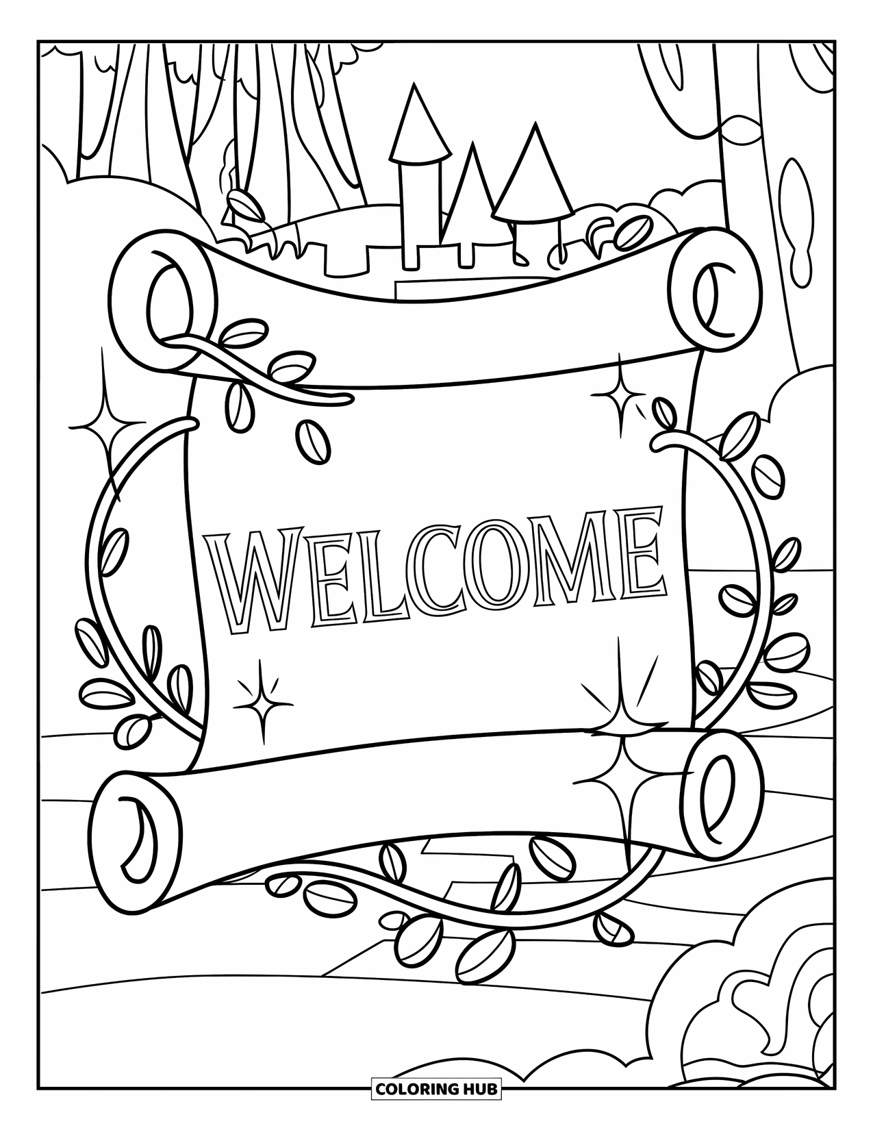 Welcome Coloring Page for Kids: A scroll marked "WELCOME" rests near a castle and leafy trees