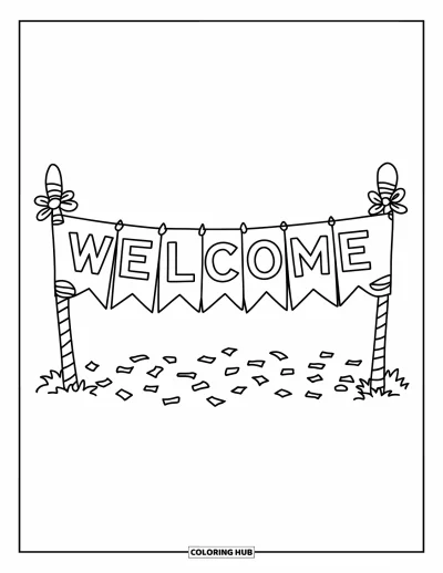 Coloriage de bienvenue pour enfants : Une simple banderole « WELCOME » entre deux poteaux décorés