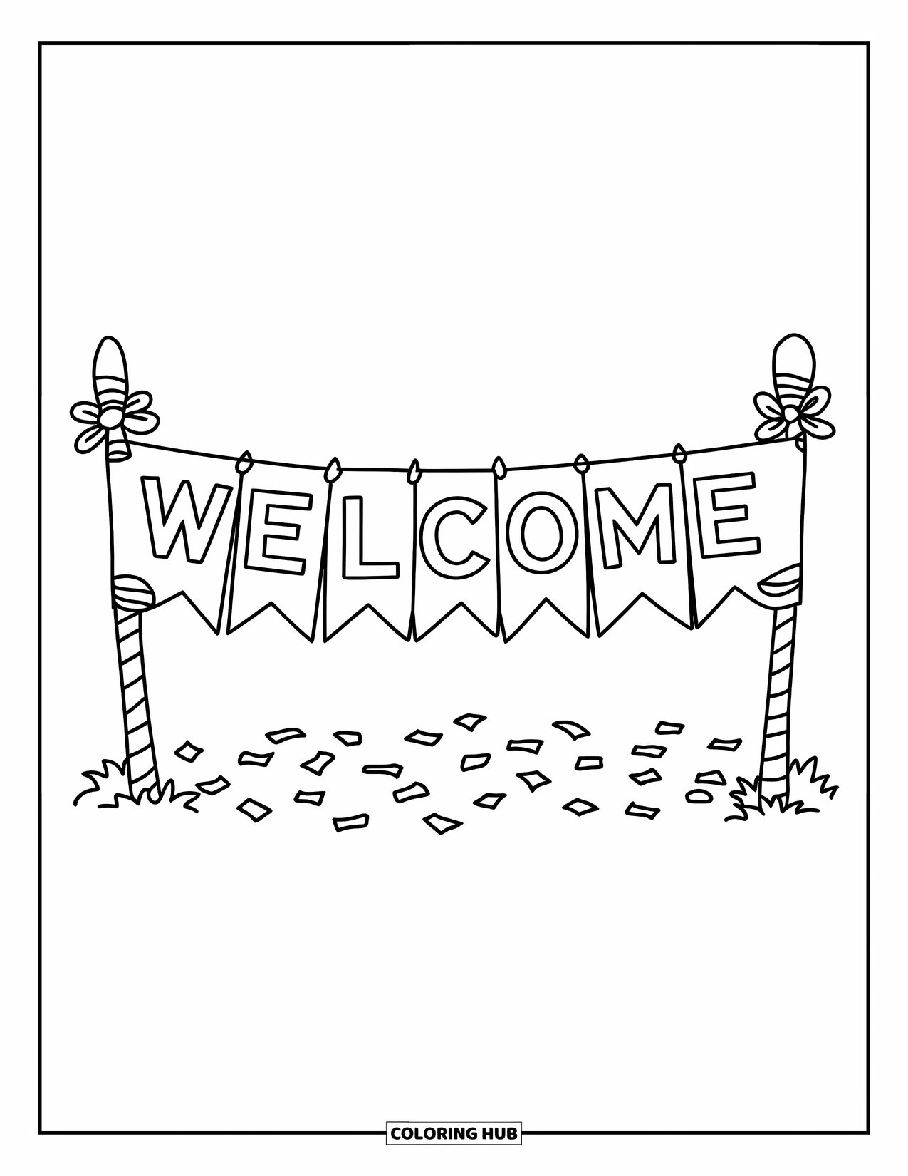 Welcome Coloring Page for Kids: A simple "WELCOME" banner stands between two decorated poles