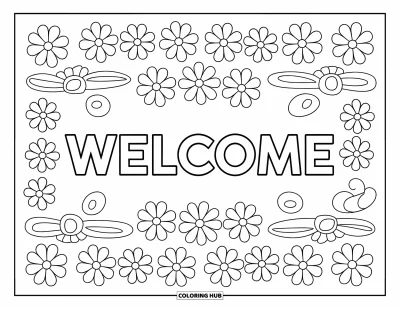Coloriage de bienvenue pour enfants : Un simple « WELCOME » encadré de grandes fleurs et de spirales bouclées