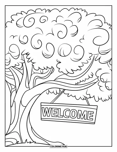 Coloriage de bienvenue pour enfants : Un arbre solitaire aux feuilles tourbillonnantes tient un panneau « WELCOME »