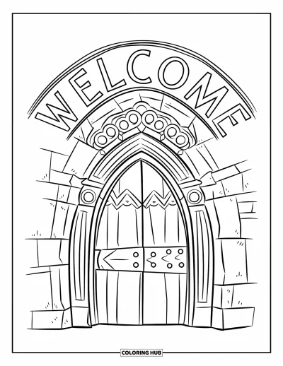 Coloriage de bienvenue pour enfants : Une arche en pierre avec un panneau « WELCOME » se détache sur un ciel blanc