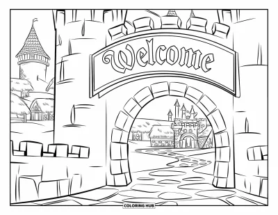 Coloriage de bienvenue pour enfants : Une arche en pierre mène vers un village de château avec « WELCOME » au-dessus