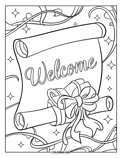 Coloriage de bienvenue pour enfants : Un parchemin noué avec « WELCOME » entouré de lianes et d'éclats lumineux