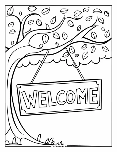 Coloriage de bienvenue pour enfants : Un arbre porte un panneau « WELCOME » suspendu parmi des feuilles tourbillonnantes
