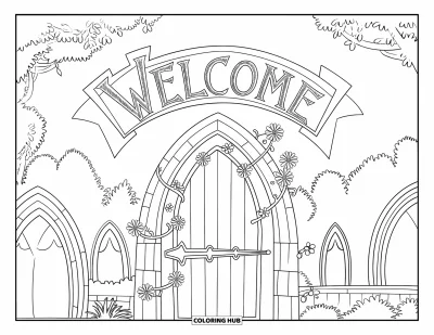 Coloriage de bienvenue pour enfants : Une arche gothique recouverte de lianes affiche « WELCOME » sous une tour de château