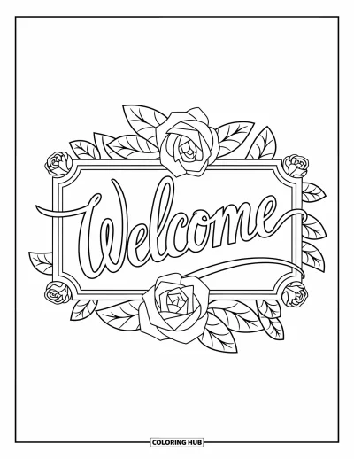 Coloriage de bienvenue pour enfants : Un motif « WELCOME » rétro avec des roses et des feuilles enroulées
