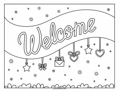 Coloriage de bienvenue pour enfants : Un ruban ondulant portant « WELCOME » avec des étoiles et des cœurs suspendus en dessous