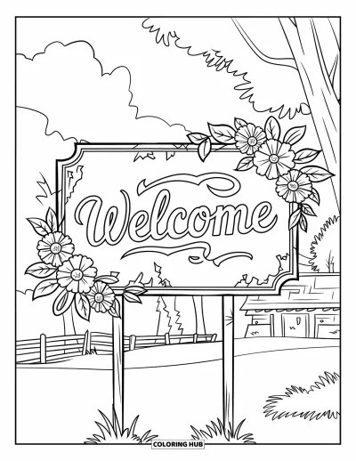 Coloriage de bienvenue pour enfants : Un panneau « WELCOME » patiné encadré de fleurs et de feuilles