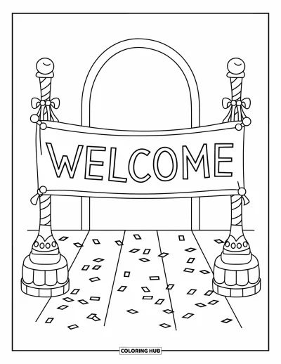 Coloriage de bienvenue pour enfants : Une banderole « WELCOME » tendue entre des poteaux au-dessus de confettis éparpillés