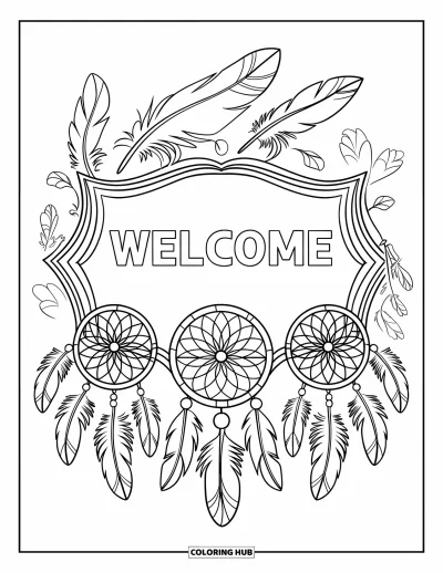 Coloriage de bienvenue pour enfants : Un cadre « WELCOME » composé de plumes et d'attrape-rêves sur fond blanc