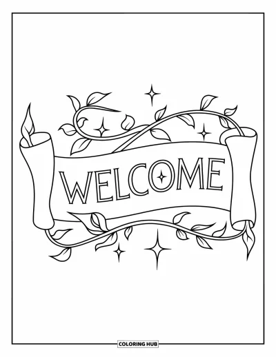 Coloriage de bienvenue pour enfants : Un parchemin enroulé de lianes avec « WELCOME » brillant de paillettes magiques