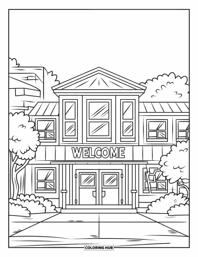 Coloriage de bienvenue pour enfants : Un panneau « WELCOME » suspendu au-dessus d'une école à deux étages entourée d'arbres