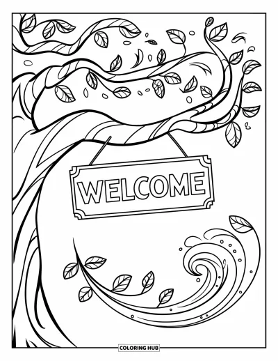 Coloriage de bienvenue pour enfants : Un panneau « WELCOME » suspendu à une branche d'arbre tourbillonnante et feuillue
