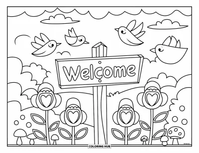 Coloriage de bienvenue pour enfants : Un poteau indicateur « WELCOME » entouré de fleurs et de nuages duveteux