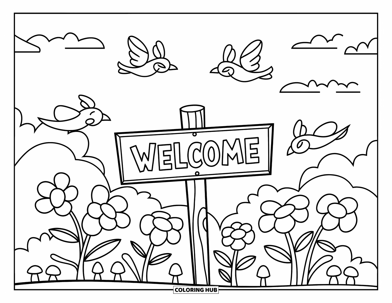 Welcome Coloring Page for Kids: A wooden "WELCOME" sign rests in a garden with flowers and flying birds